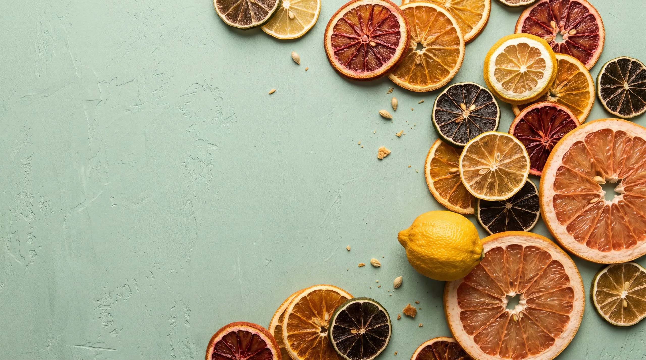 Dried orange, blood orange, lemon, lime and grapefruit slices on a sage-green table